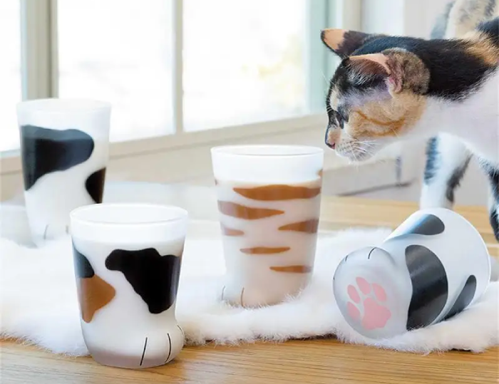 Hand-painted cat-themed mugs and glassware